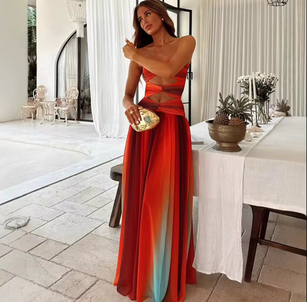 Rainbow-inspired strapless evening dress