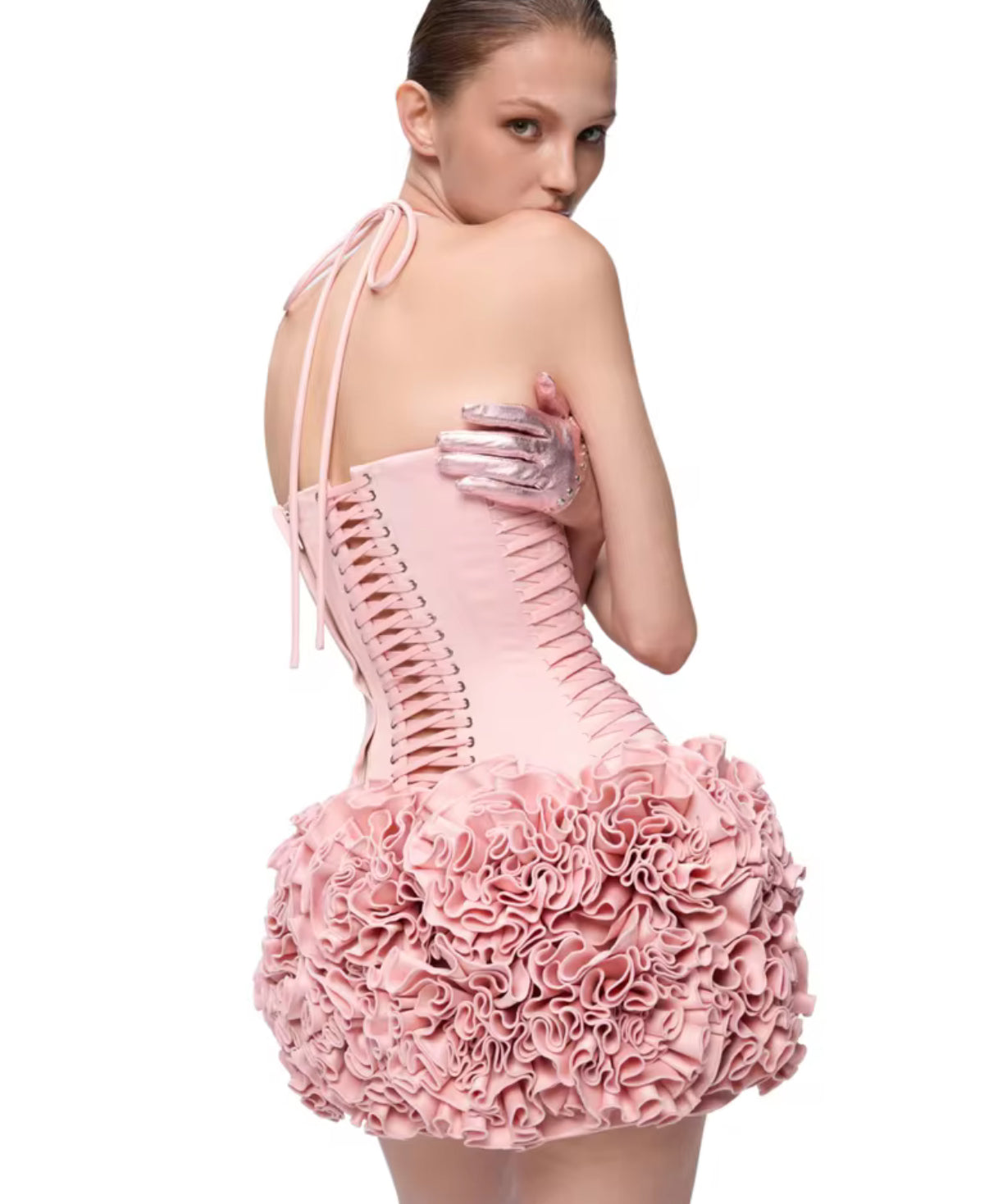 Pink corset mini Dress with ruffled skirt