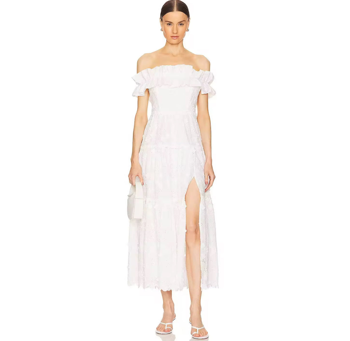 Off-Shoulder Eyelet Maxi Dress with Ruffled Neckline