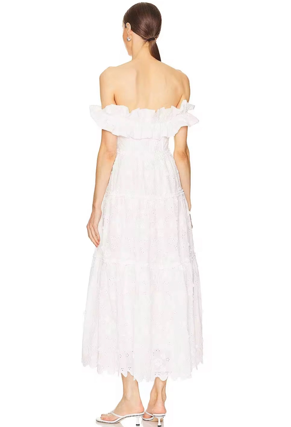 Off-Shoulder Eyelet Maxi Dress with Ruffled Neckline