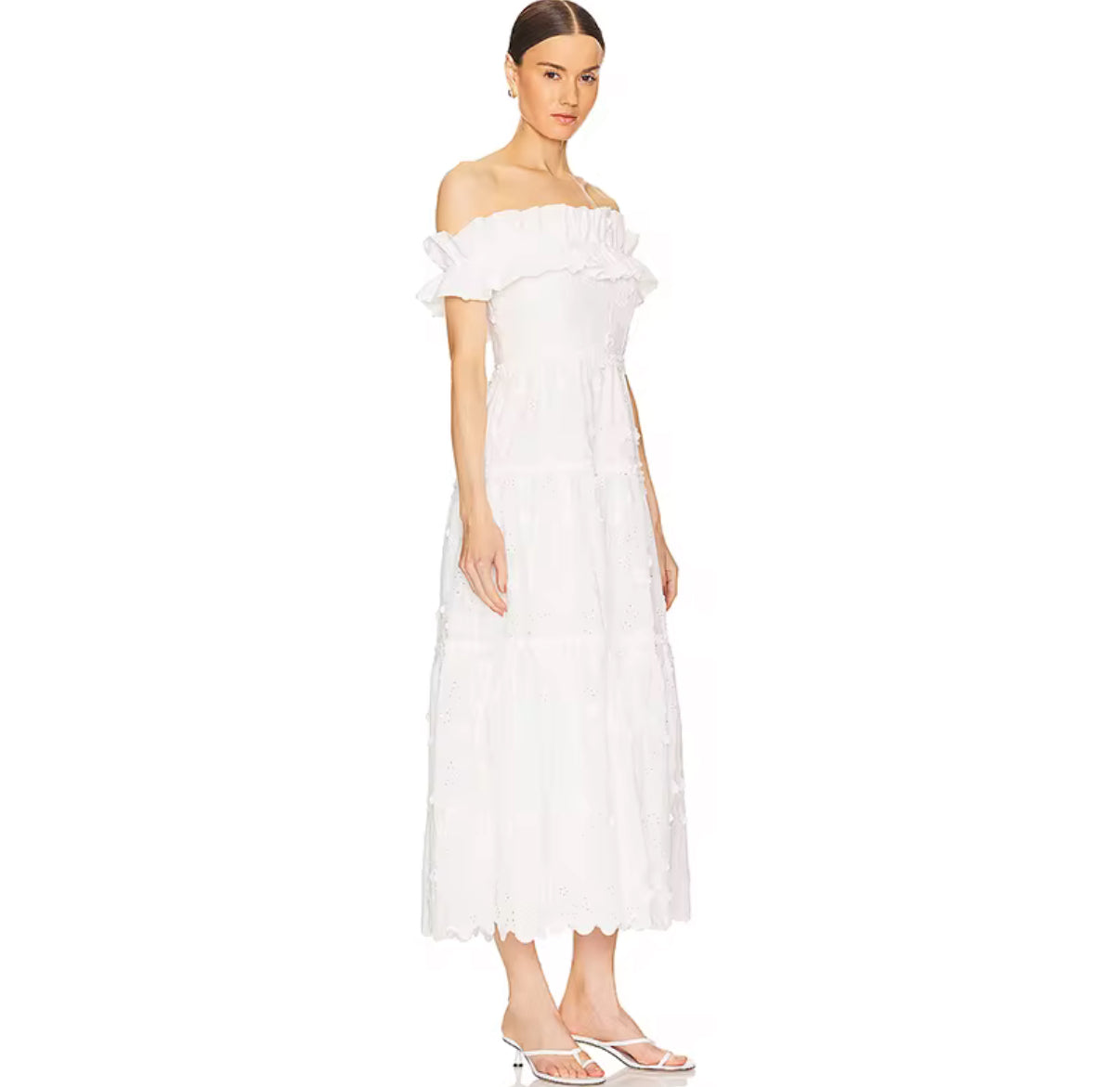Off-Shoulder Eyelet Maxi Dress with Ruffled Neckline