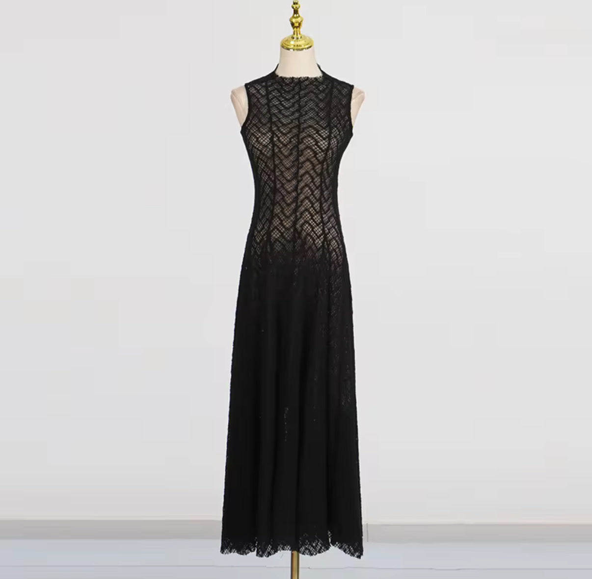 High-Neck Lace Dress with Sheer Illusion Detail