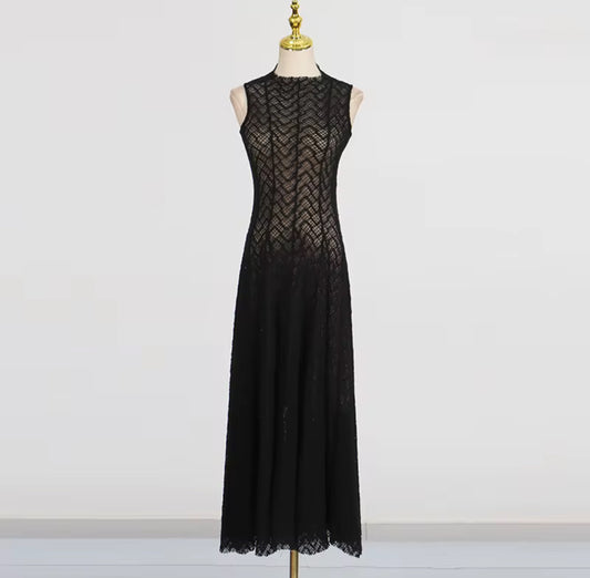 High-Neck Lace Dress with Sheer Illusion Detail