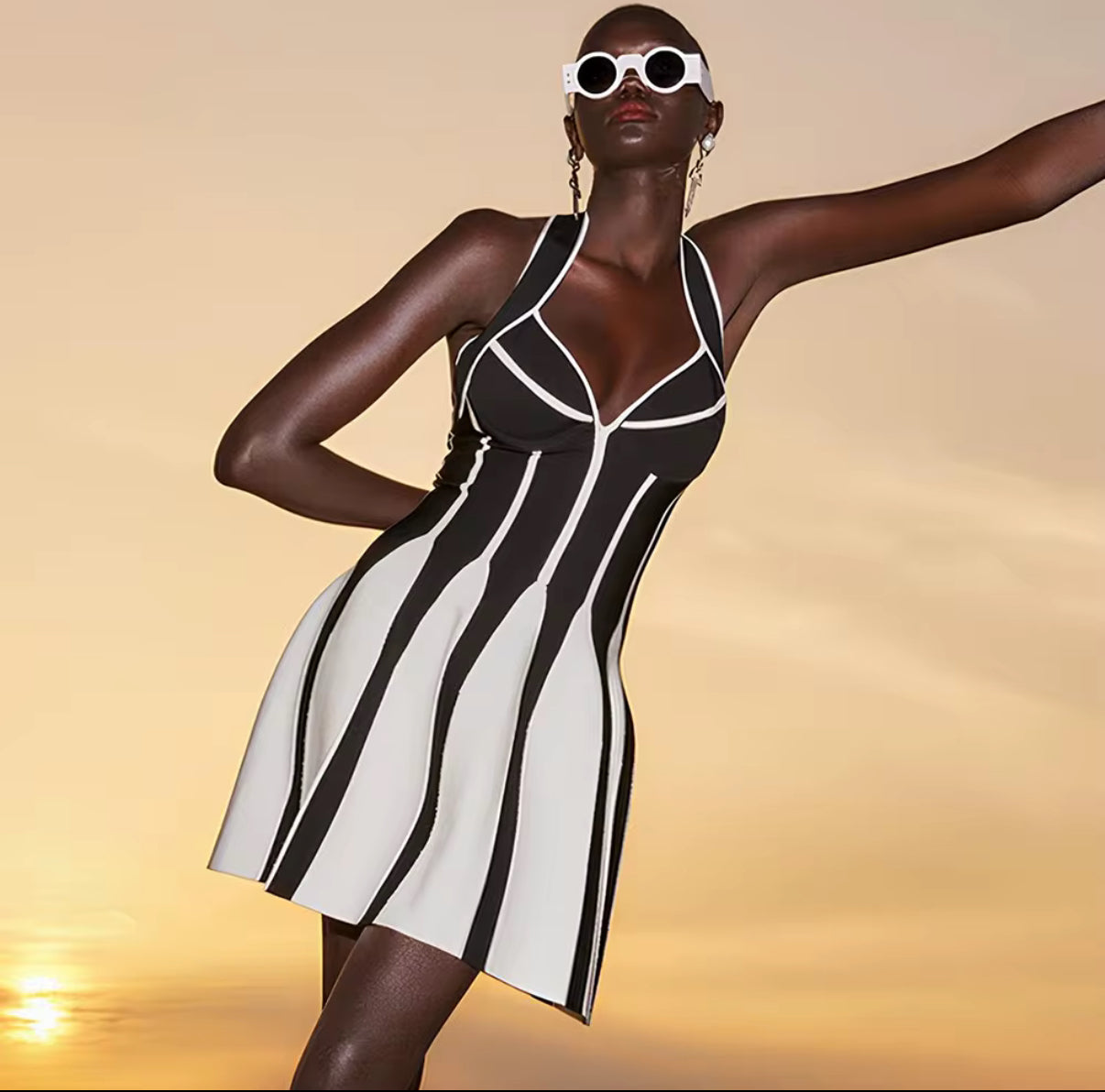 Halter Mini Dress with Bold Stripe Design