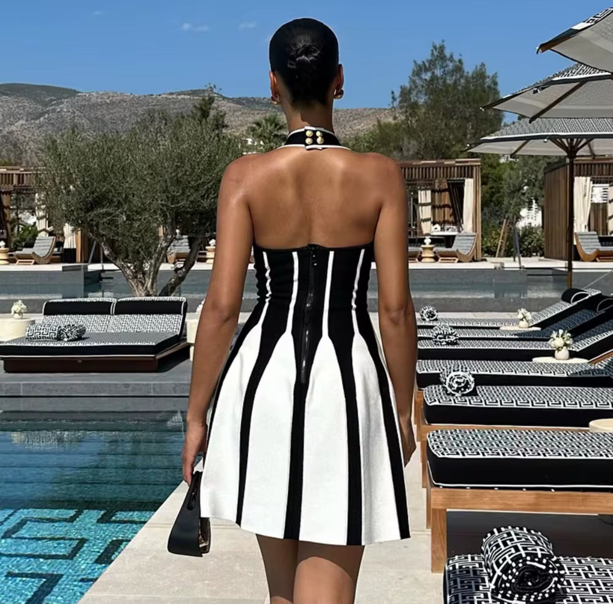 Halter Mini Dress with Bold Stripe Design