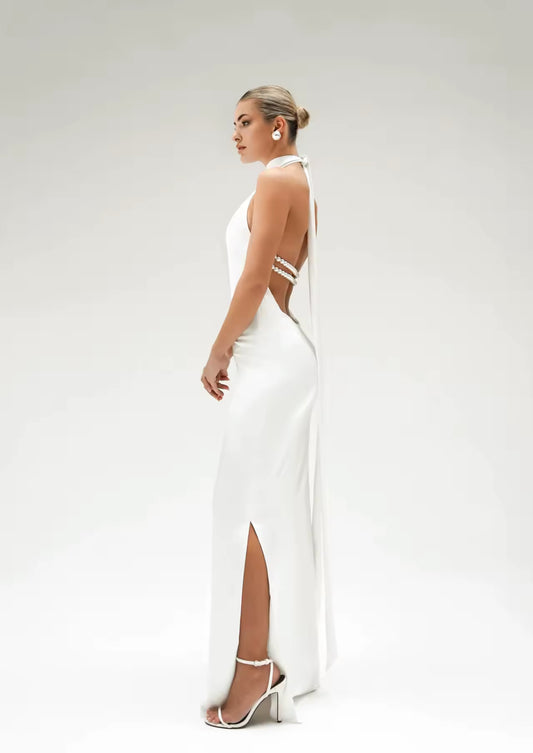 Halter Evening Dress with Pearl Back Detail
