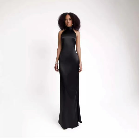 Halter Evening Dress with Pearl Back Detail