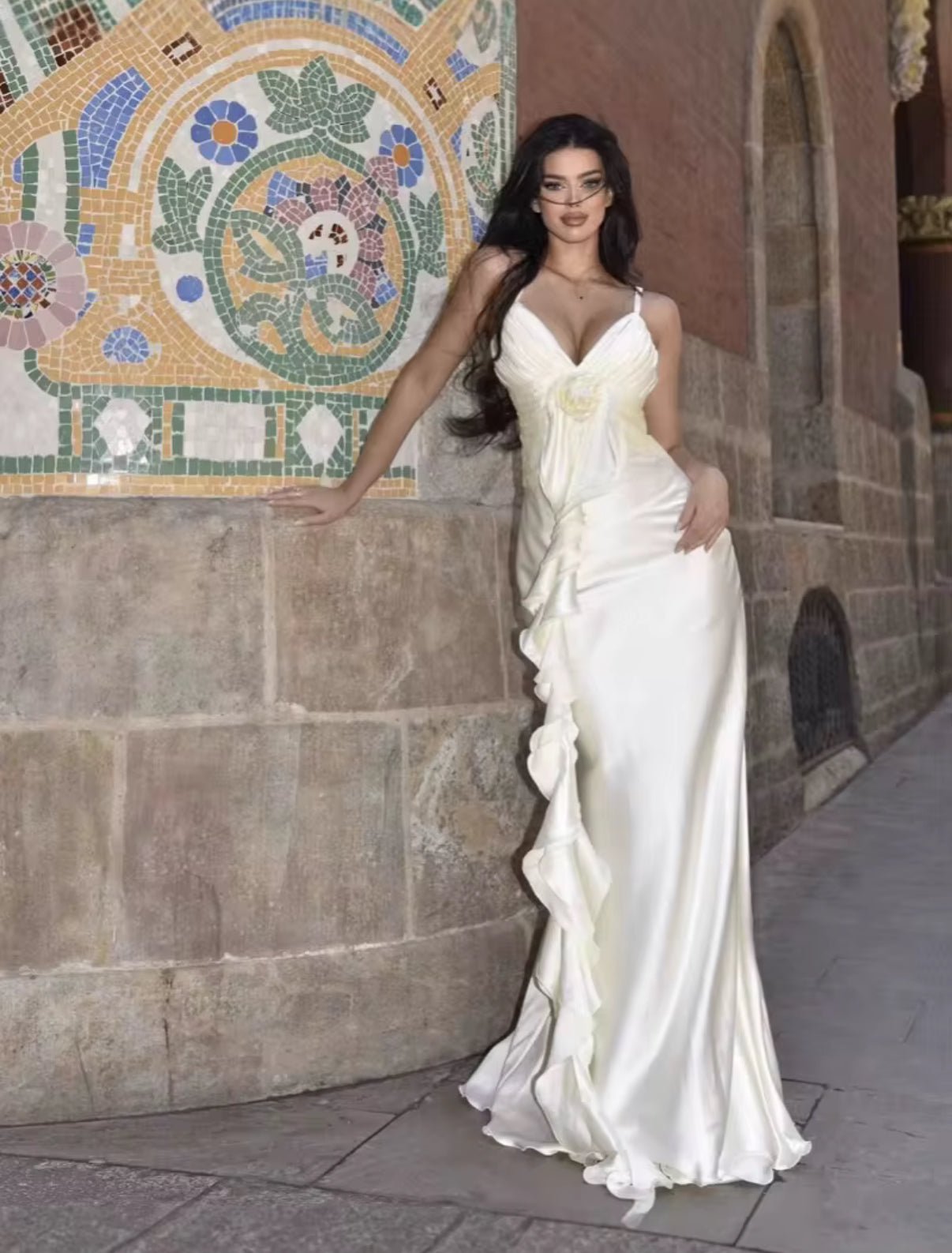 Elegant satin maxi with delicate ruffle details