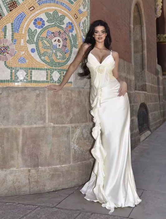 Elegant satin maxi with delicate ruffle details