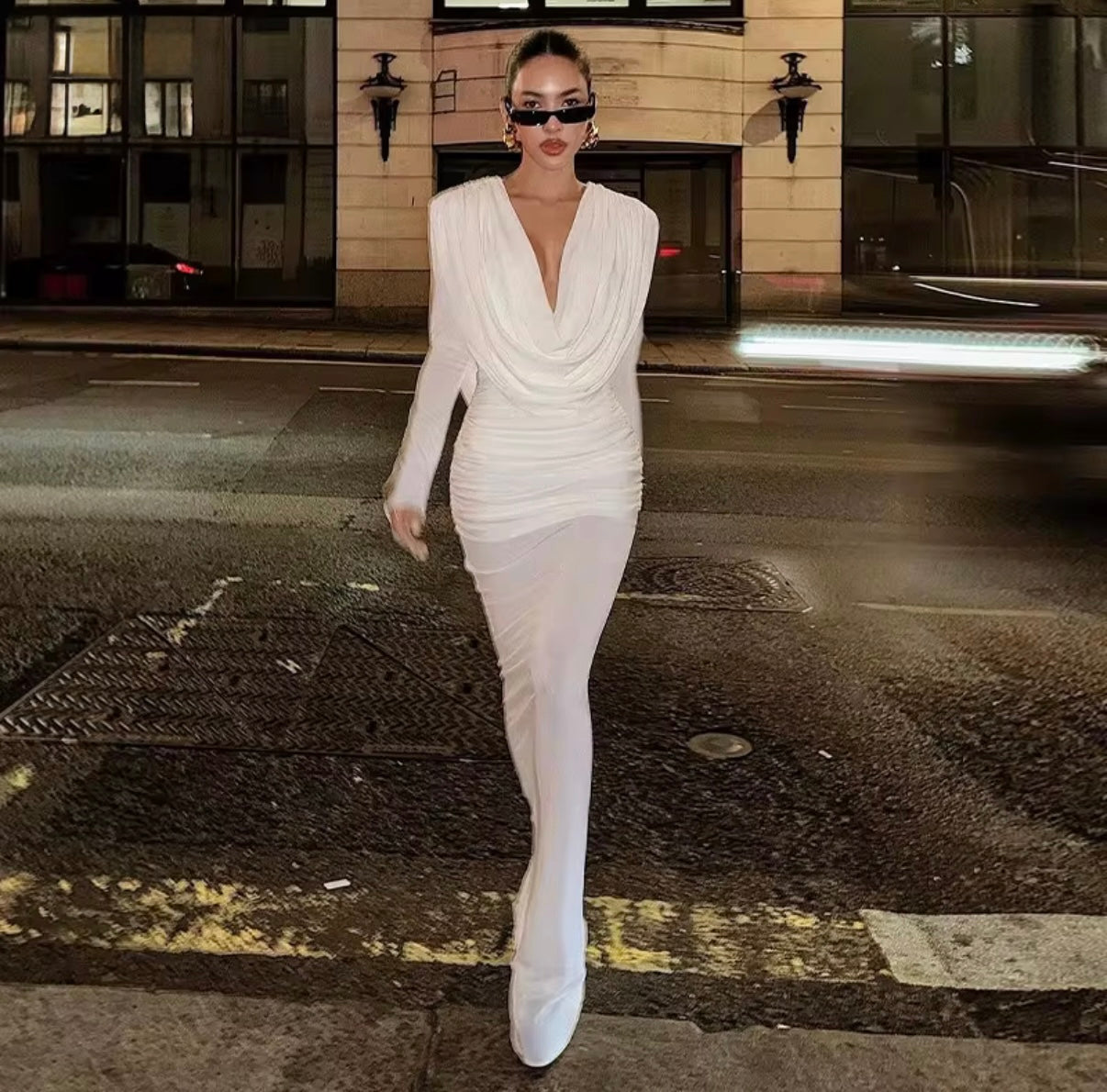 Elegant Ruched Evening Dress with Deep Neckline