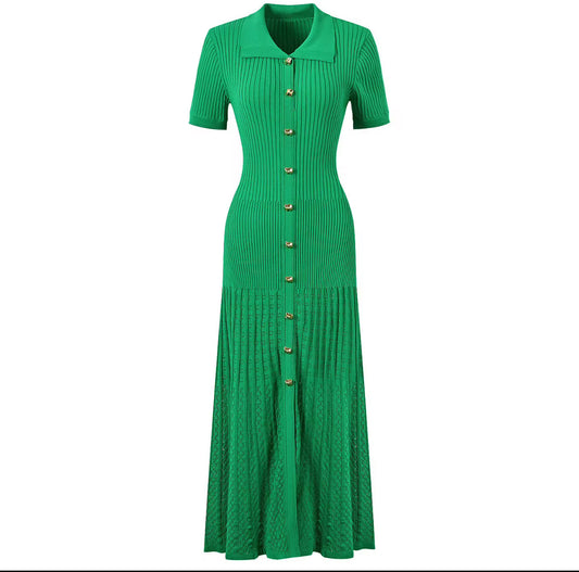 Elegant Ribbed Knit Maxi Dress with Gold Button Front
