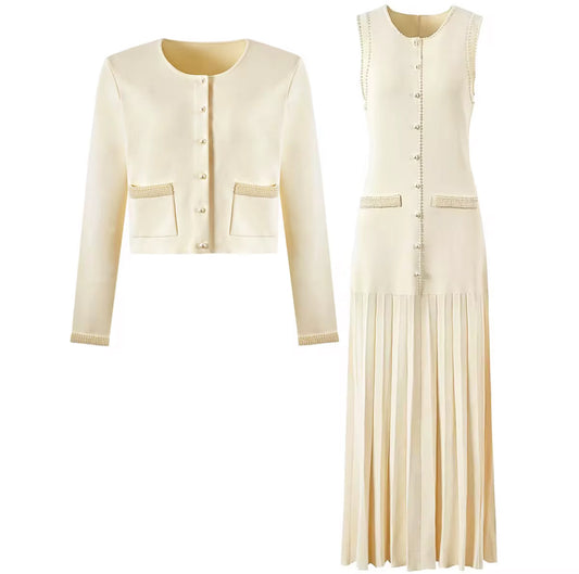 Cream Pleated Skirt Set