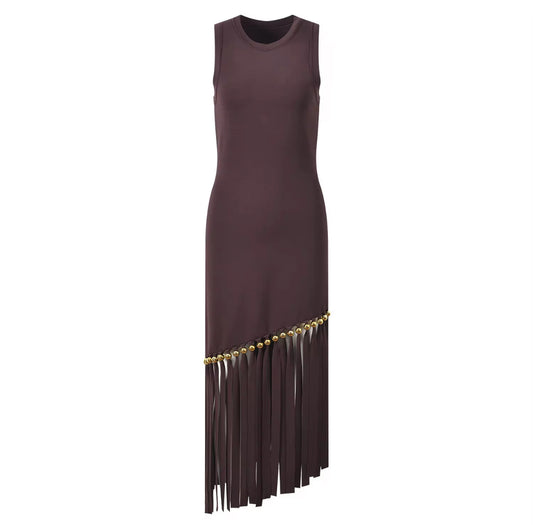Chocolate Brown Sleeveless Dress with Fringe Hem