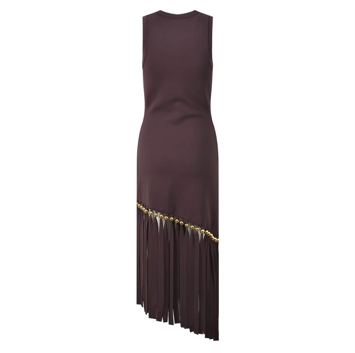 Chocolate Brown Sleeveless Dress with Fringe Hem