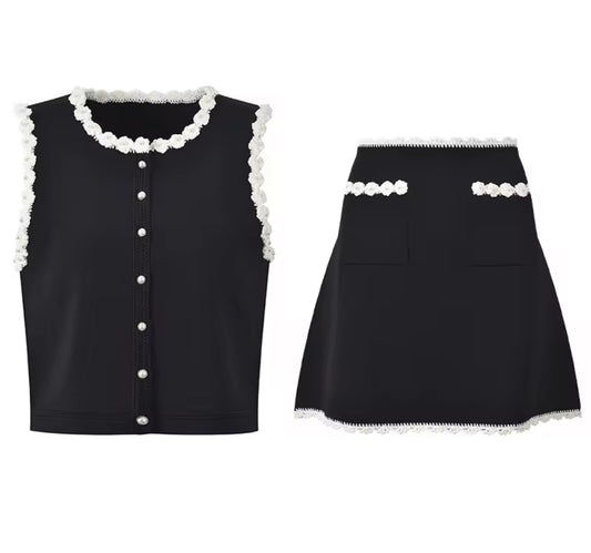 Chic Black Mini Skirt Set with Pearl Buttons