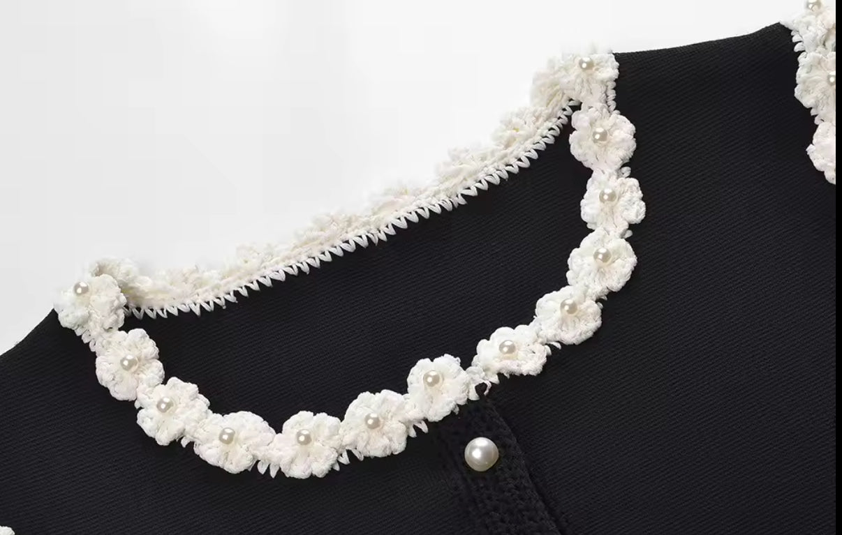 Chic Black Mini Skirt Set with Pearl Buttons