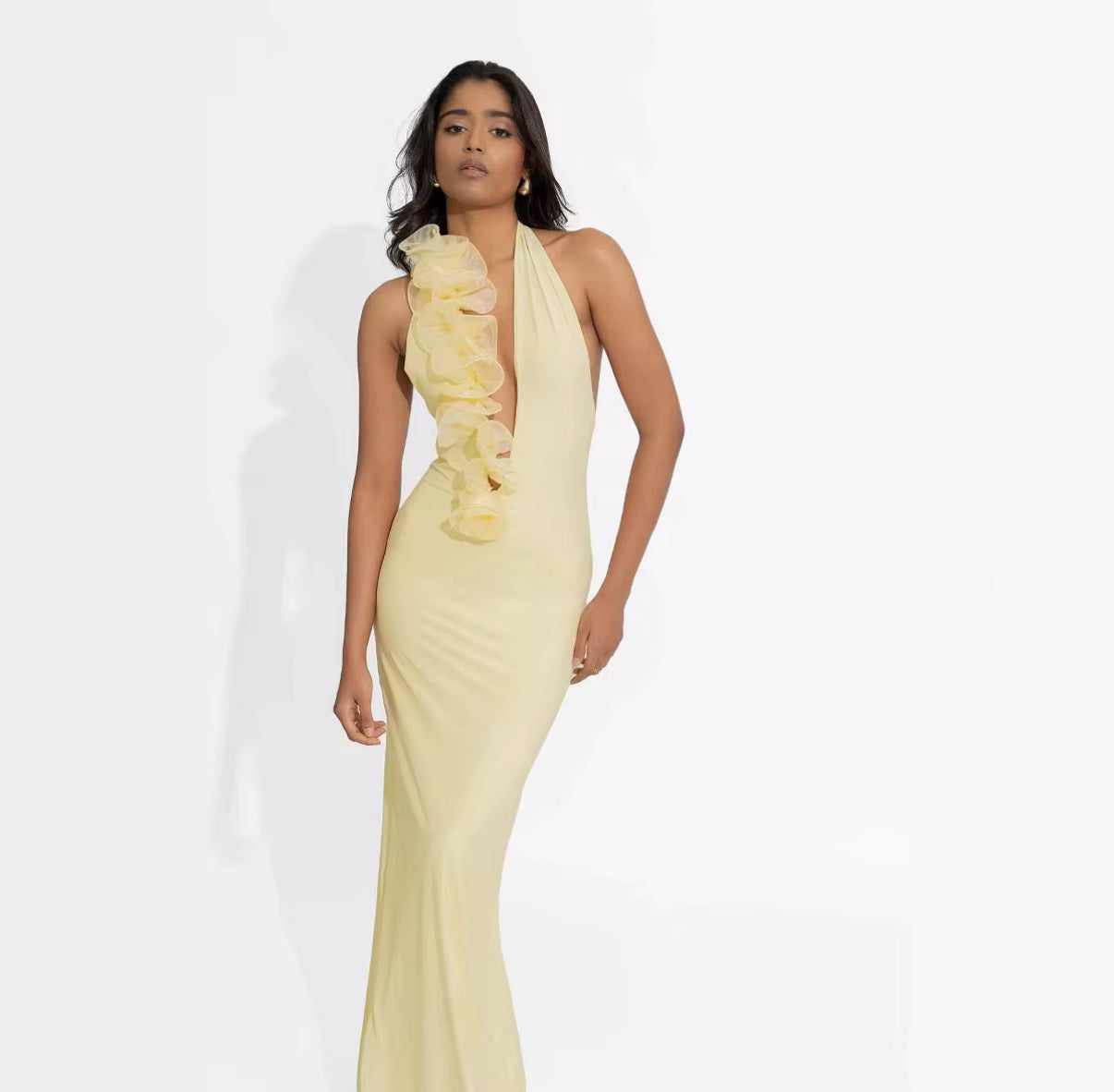 Butter Yellow Halter Maxi with Floral Ruffle Trim