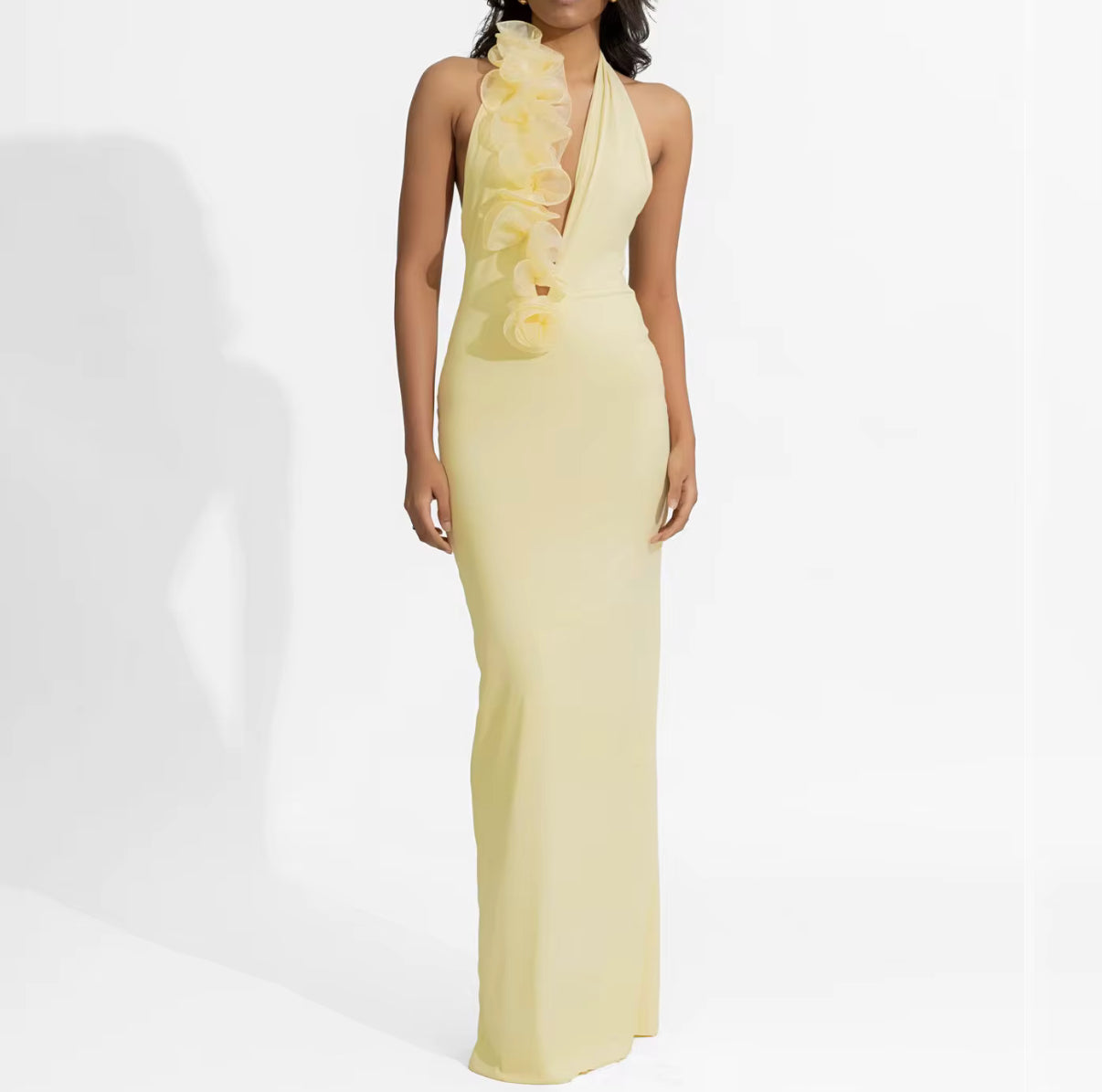 Butter Yellow Halter Maxi with Floral Ruffle Trim