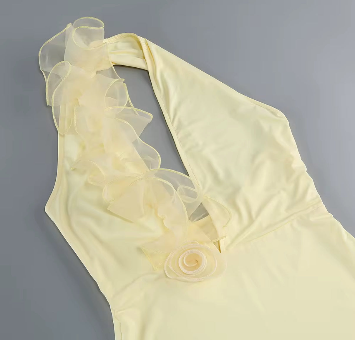 Butter Yellow Halter Maxi with Floral Ruffle Trim