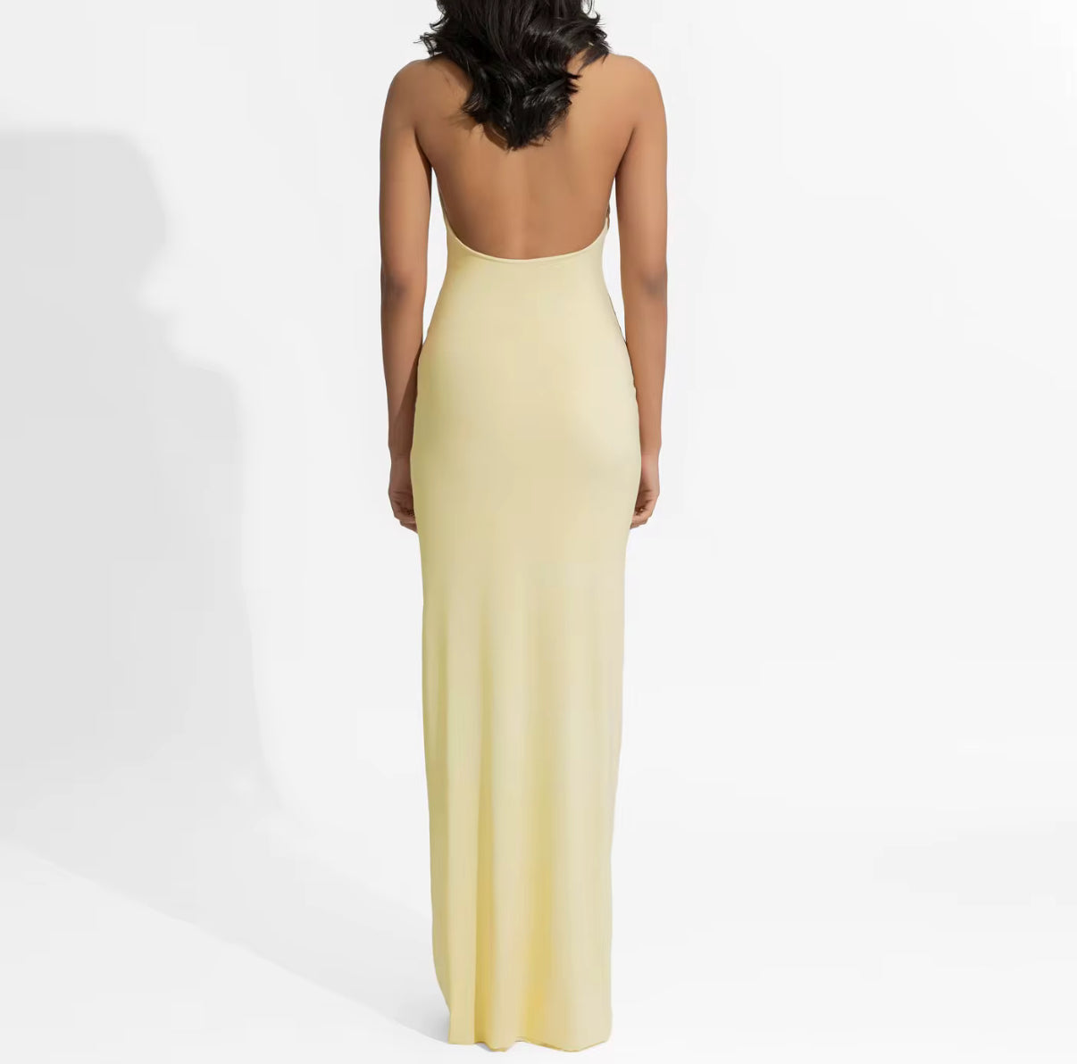 Butter Yellow Halter Maxi with Floral Ruffle Trim