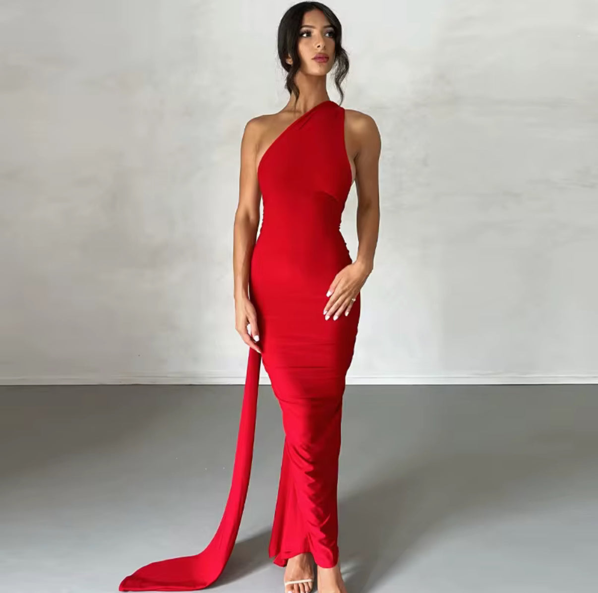 Backless Halter Dress with Draped Train