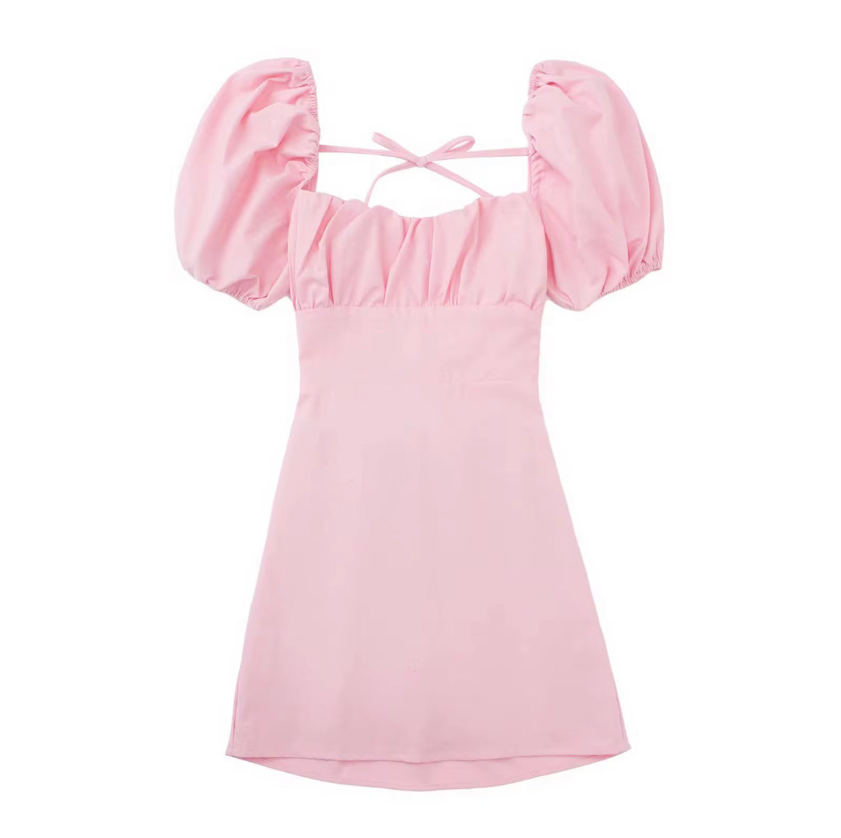 Puff Sleeve Mini Dress with Lace-Up Back