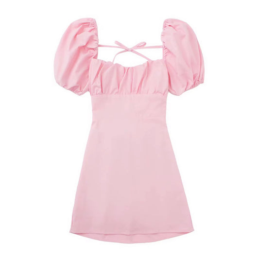 Puff Sleeve Mini Dress with Lace-Up Back