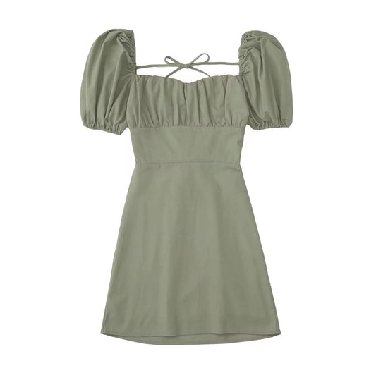 Puff Sleeve Mini Dress with Lace-Up Back
