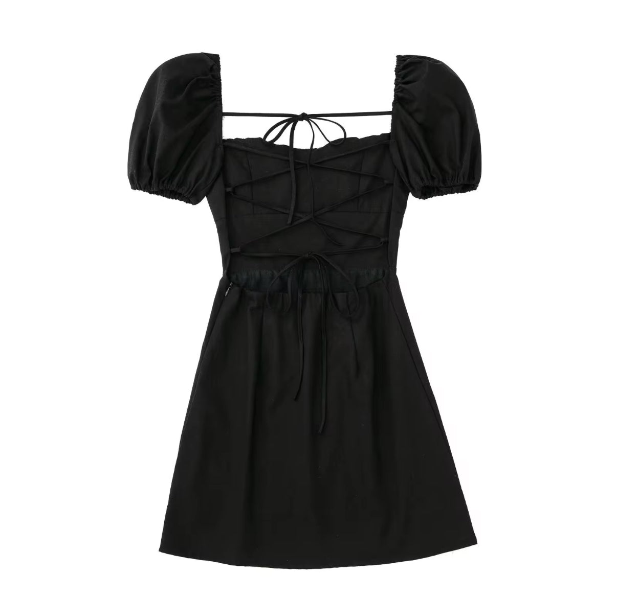 Puff Sleeve Mini Dress with Lace-Up Back