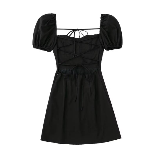 Puff Sleeve Mini Dress with Lace-Up Back
