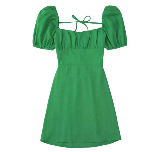 Puff Sleeve Mini Dress with Lace-Up Back