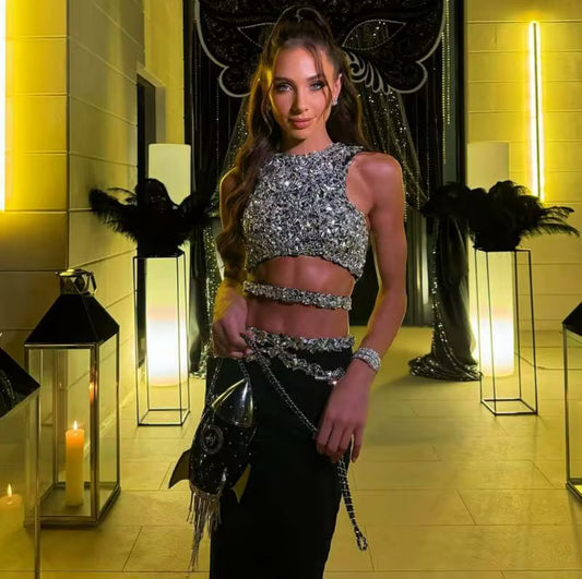 Embellished Halter Crop & Sleek Black Maxi Skirt Set