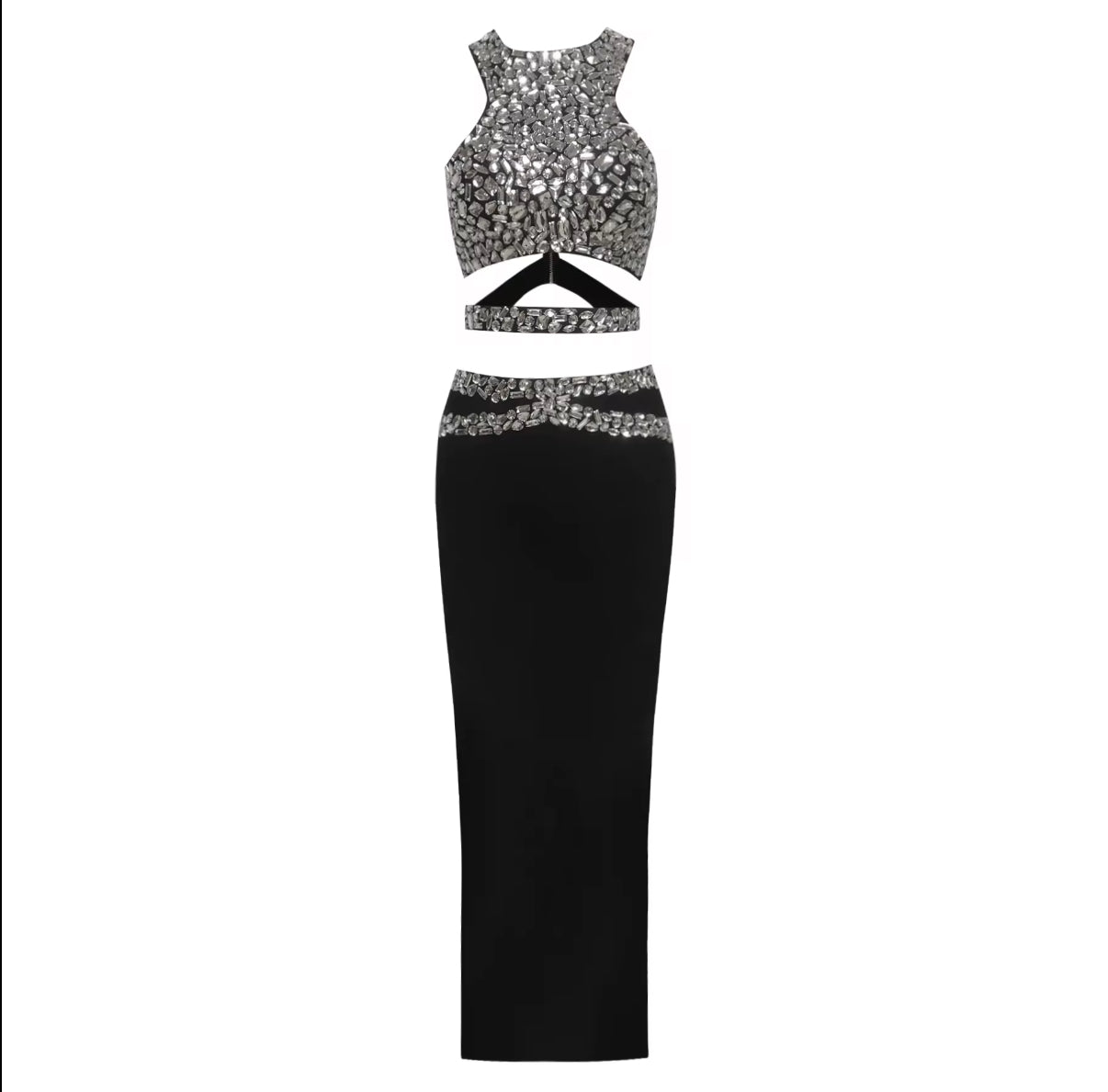 Embellished Halter Crop & Sleek Black Maxi Skirt Set