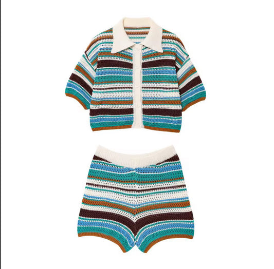 Multicolor Crochet Two-Piece with Button Front Polo and Shorts