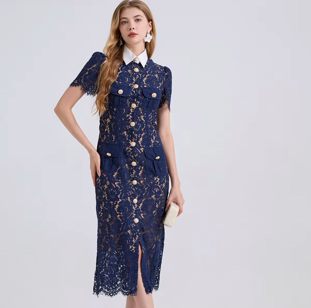 Navy Lace Button-Down Dress