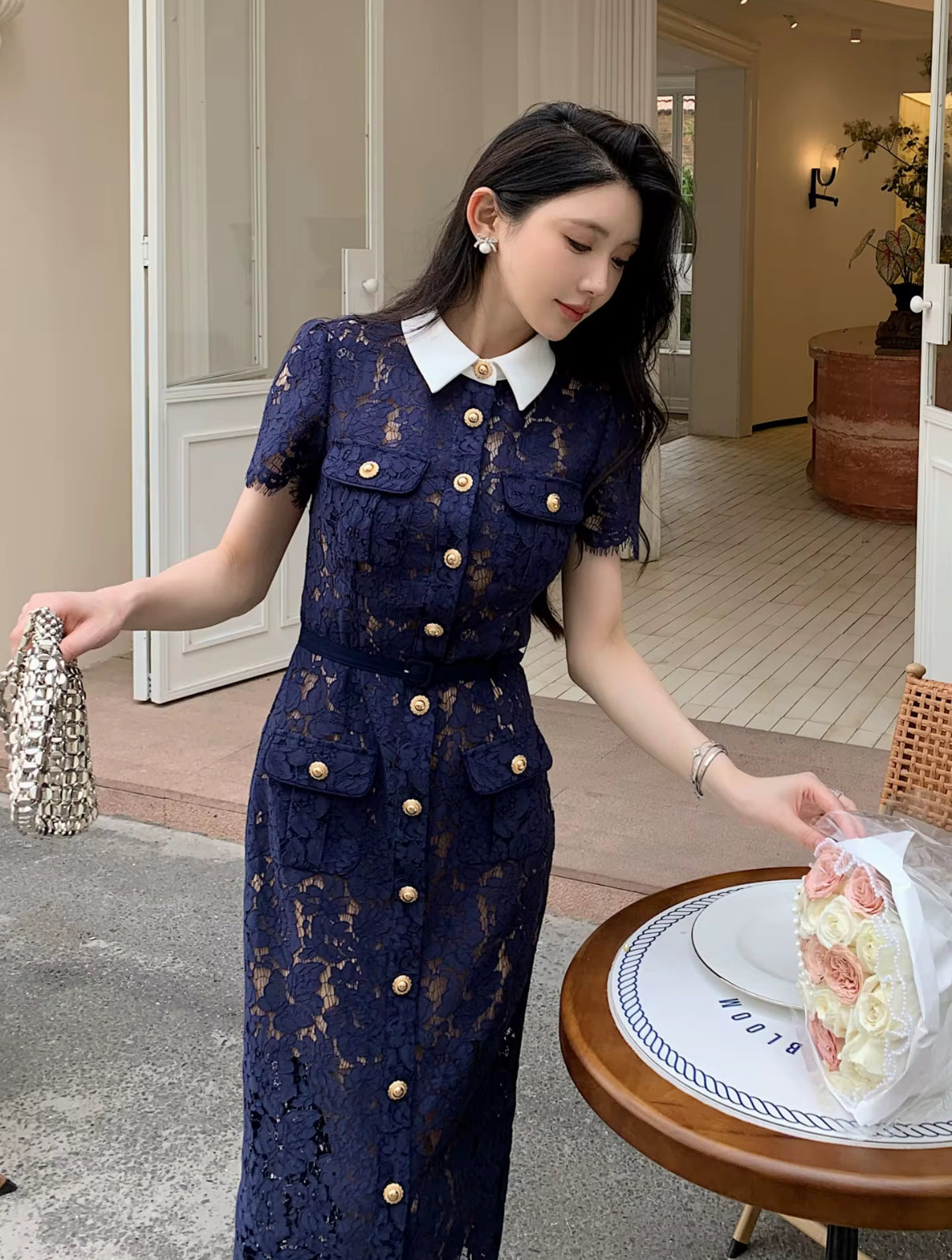 Navy Lace Button-Down Dress