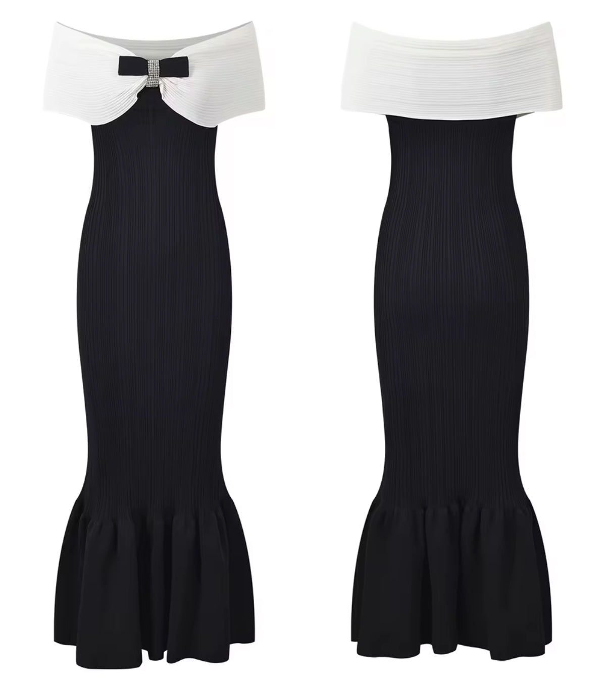 Black & White Off-Shoulder Maxi Dress with Bow Detail