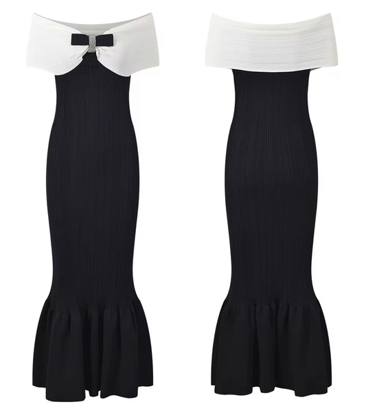 Black & White Off-Shoulder Maxi Dress with Bow Detail