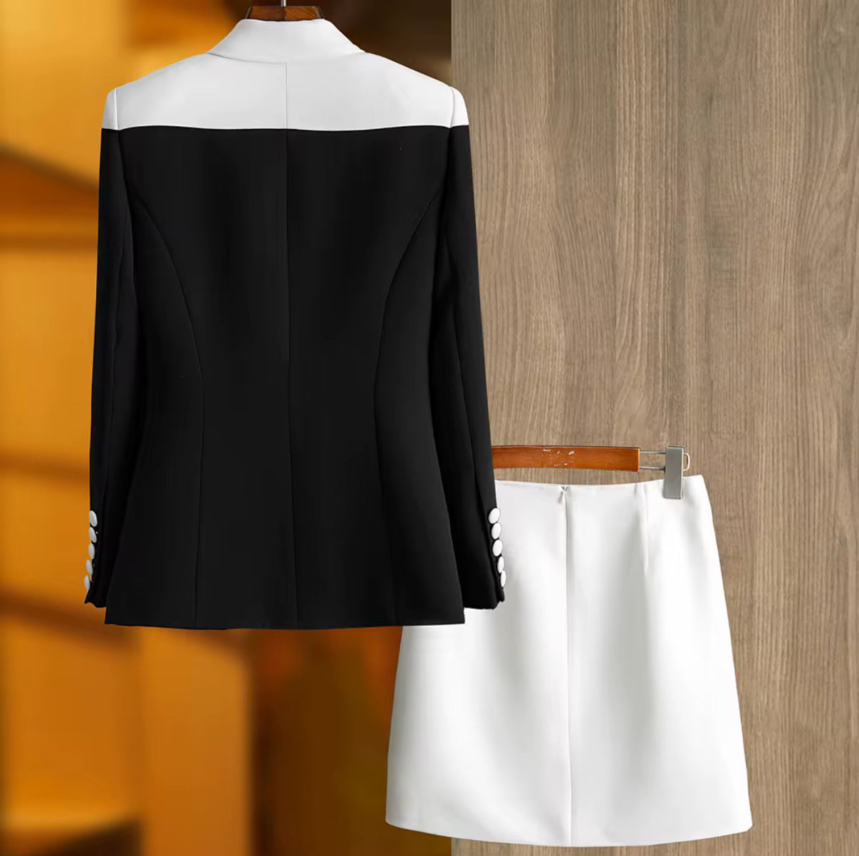 black blazer with white lapel & skirt