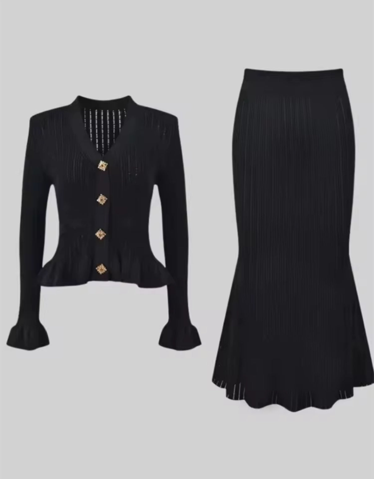 Knitted Peplum Blazer & Skirt Set with Gold Button Detail