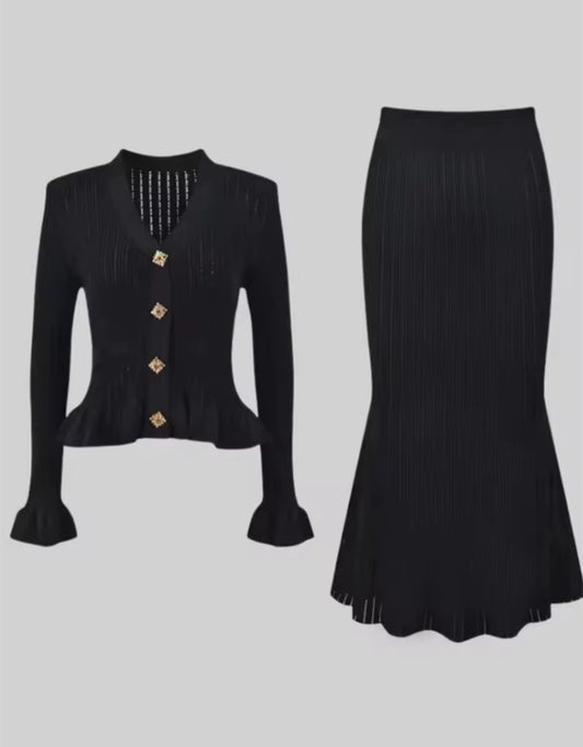 Knitted Peplum Blazer & Skirt Set with Gold Button Detail