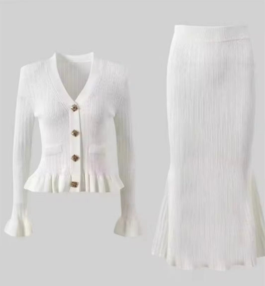Knitted Peplum Blazer & Skirt Set with Gold Button Detail