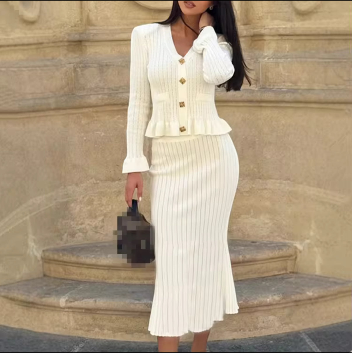 Knitted Peplum Blazer & Skirt Set with Gold Button Detail