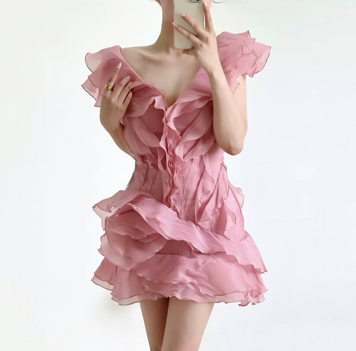 Layered Ruffle mini Dress with Off-Shoulder Effect