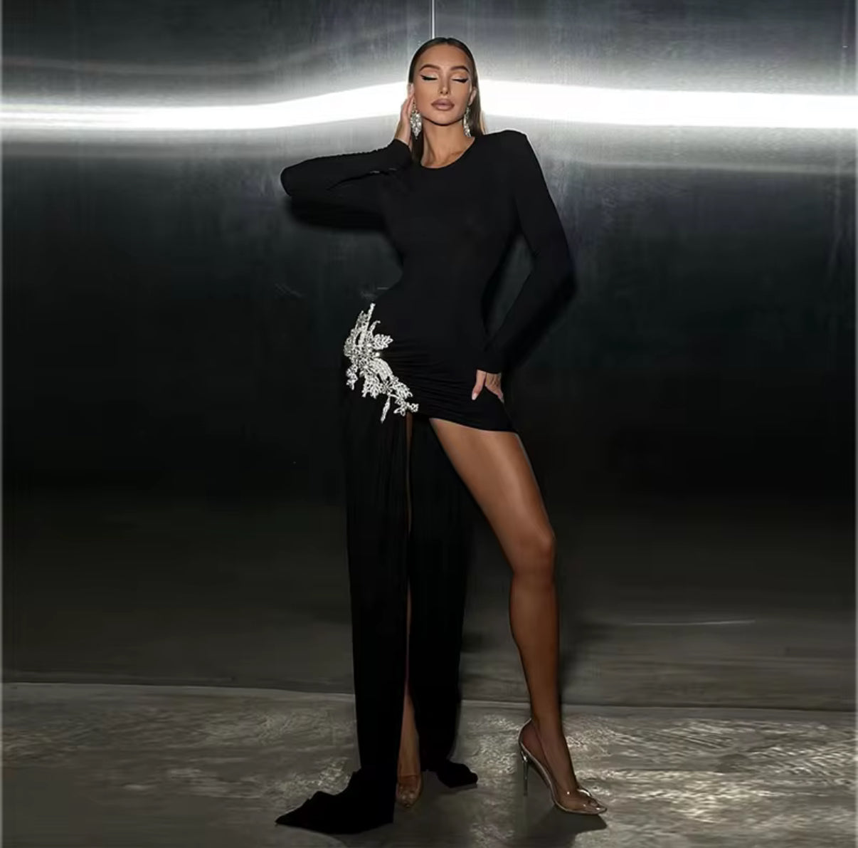 bodycon fit with crystal applique and high slit dress