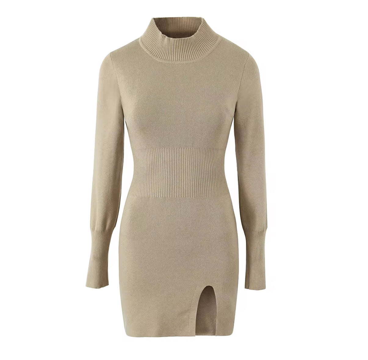 bodycon turtleneck dress with thigh-high slit