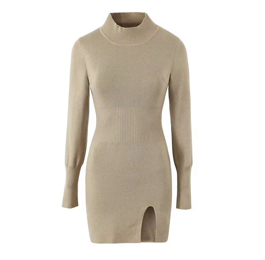 bodycon turtleneck dress with thigh-high slit