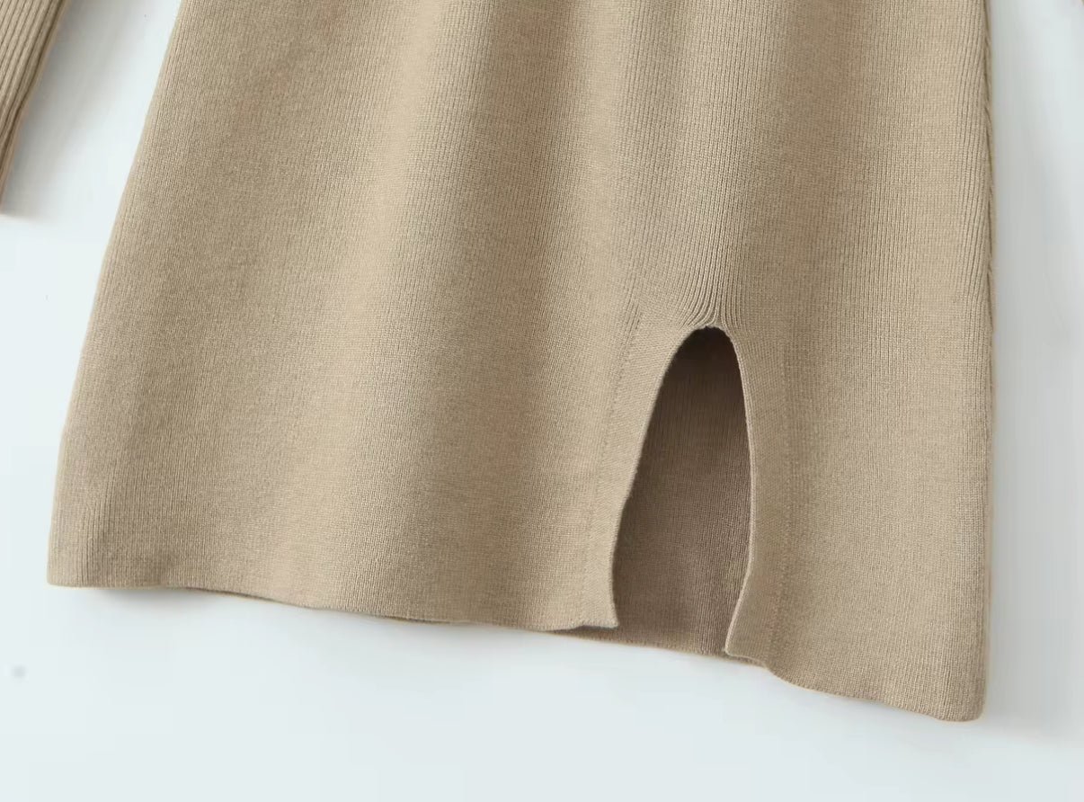 bodycon turtleneck dress with thigh-high slit