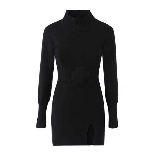 bodycon turtleneck dress with thigh-high slit