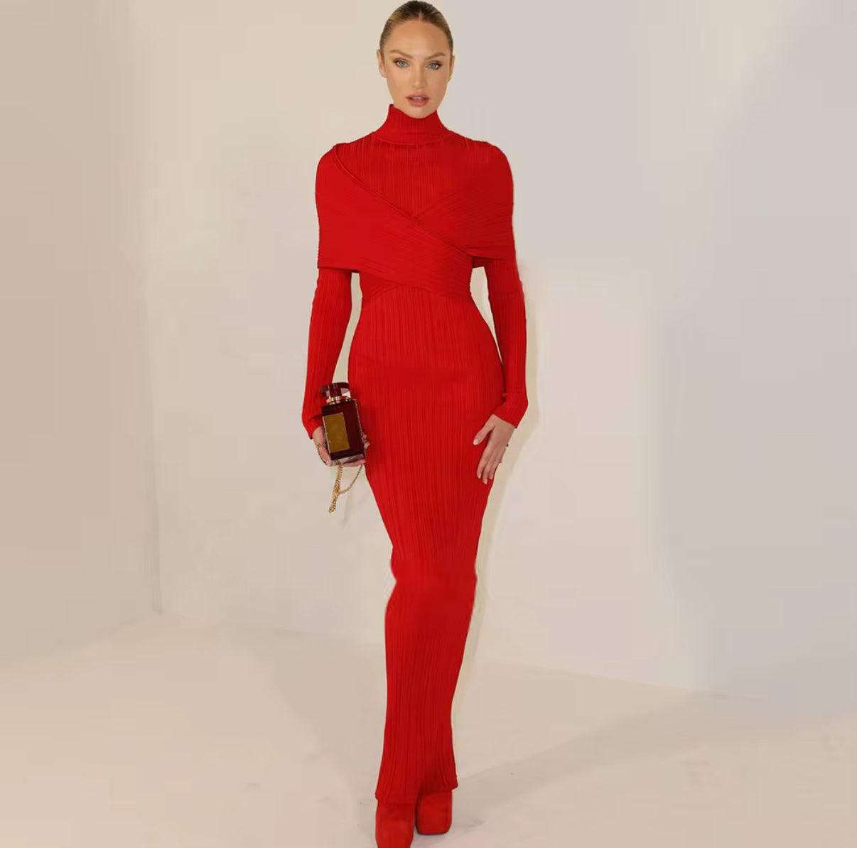 bold red knit dress with cross-over wrap detail